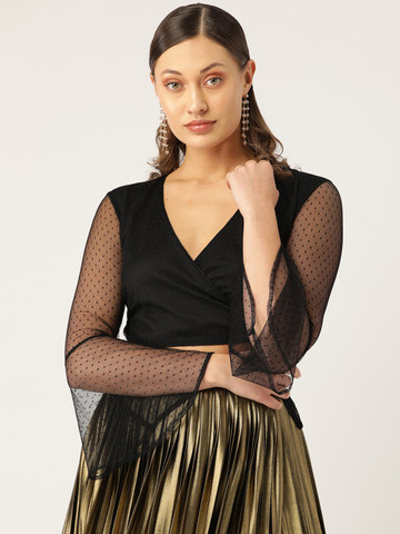 Trend Arrest Women Black Self Design Crop Wrap Top