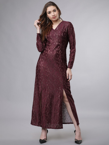 Tokyo Talkies Women Maroon Self Design Maxi Dress