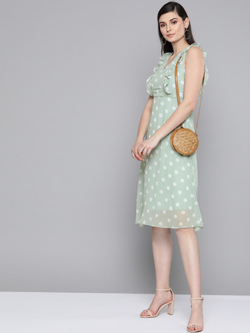 SASSAFRAS Green & Off-White Polka Dots Print Fit and Flare Dress
