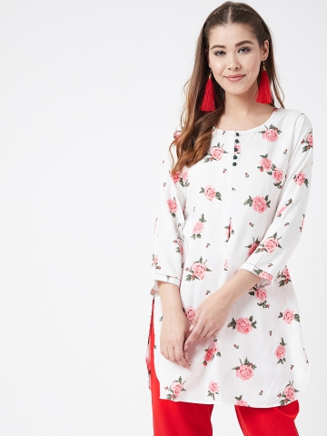 35 OFF on Tissu Women White Pink Floral Printed Tunic Kurti on
