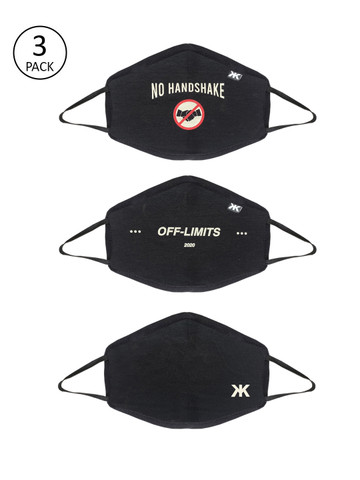 Kook N Keech Adults Black Pack of 3 Printed Reusable 3-Layer Protective Outdoor Masks