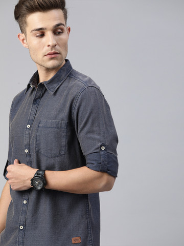 Roadster Men Navy Blue Regular Fit Faded Casual Shirt