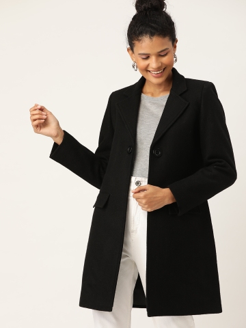 DressBerry Women Black Single-Breasted Solid Overcoat