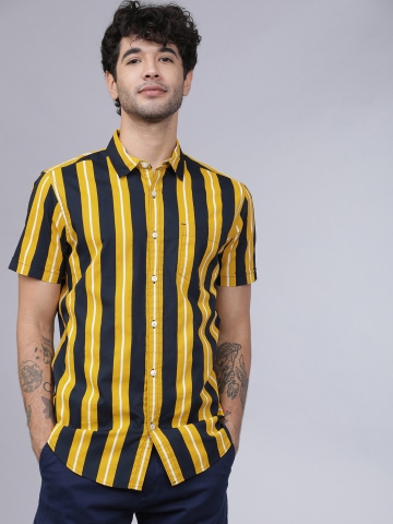 47% OFF on HIGHLANDER Men Mustard & Navy Blue Slim Fit Striped Casual Shirt  on Myntra