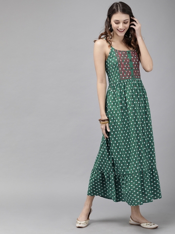 Anouk Green Ethnic Motifs Pure Cotton Printed Fit and Flare Dress