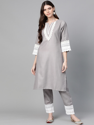 Bhama Couture Women Grey Solid Kurta & Trousers With Lace Insert Detail