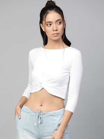 SASSAFRAS Women White Solid Cropped Twisted Knot Top