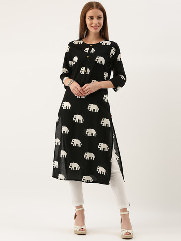 Varanga Women Black & Off-White Printed Straight Kurta