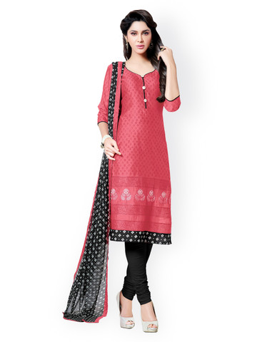 Khushali Pink & Black Printed Chanderi Unstitched Dress Material