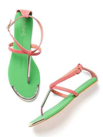 Buy DressBerry Women Coral Pink Green Solid Synthetic T Strap