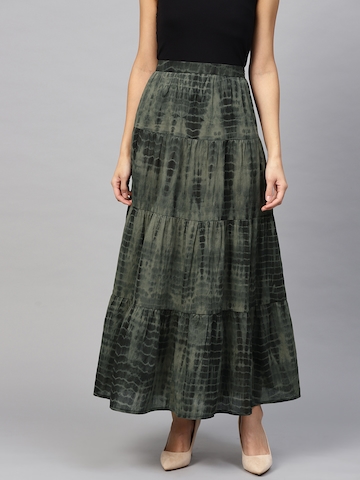 I AM FOR YOU Women Green & Black Tie & Dye Tiered Maxi Skirt