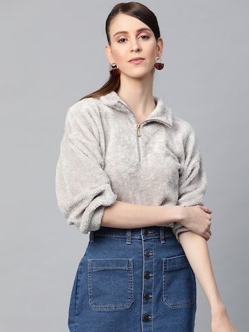 SASSAFRAS Women Grey Melange Faux Fur Solid Crop Sweatshirt