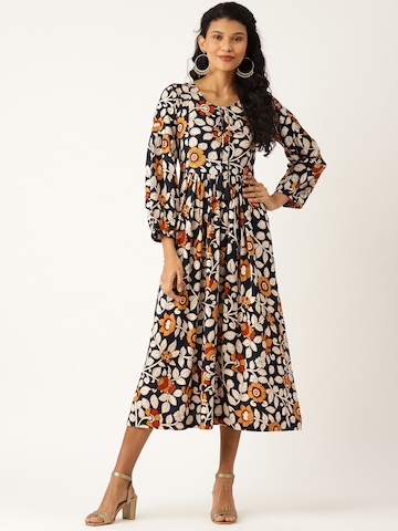 61% OFF on Shae by SASSAFRAS Women Navy Blue & Off-White Floral Print  A-Line Dress on Myntra