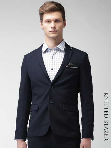 INVICTUS Navy Slim Fit Knitted Single-Breasted Formal Blazer