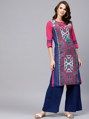 Jaipur Kurti Women Blue & Magenta Printed Straight Kurta