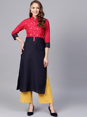 Jaipur Kurti Women Navy Blue & Pink Colourblocked Straight Kurta