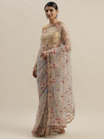 68 OFF on Mitera Grey Pink Net Embellished Saree on Myntra