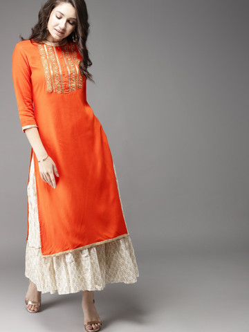 Moda Rapido Women Orange Embroidered Kurta