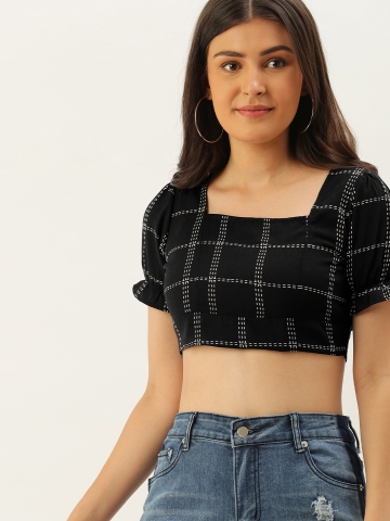 77% OFF on Berrylush Black & White Floral Printed Puff Sleeves Monochrome  Crepe Styled Back Crop Top on Myntra