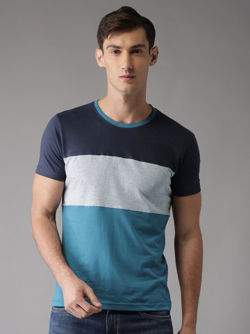Moda Rapido Men Blue & Grey Melange Colourblocked Round Neck T-shirt