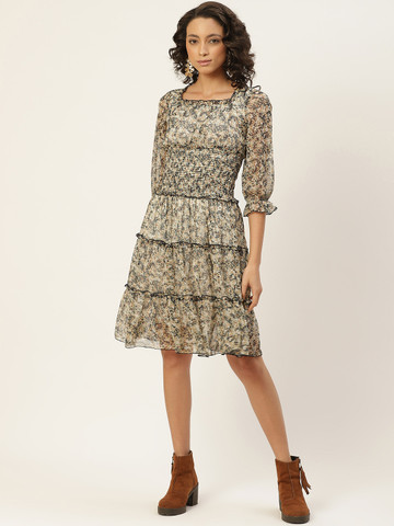 30% OFF on Antheaa Women Yellow u0026 Black Floral Printed A-Line Tiered Dress  With Smocked Detail on Myntra | PaisaWapas.com