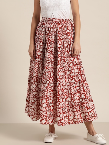 Shae by SASSAFRAS Women Maroon & White Pure Cotton Floral Print Maxi Tiered Skirt