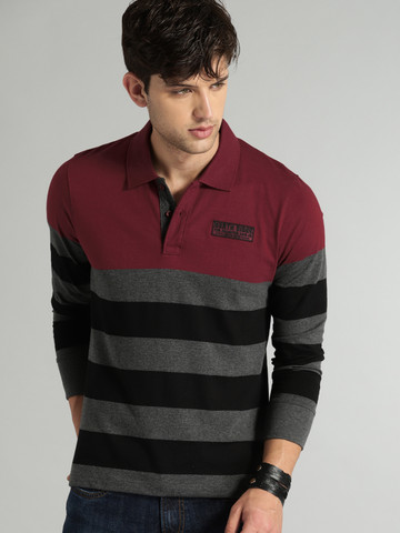 Roadster Men Charcoal Grey & Maroon Striped Polo T-shirt