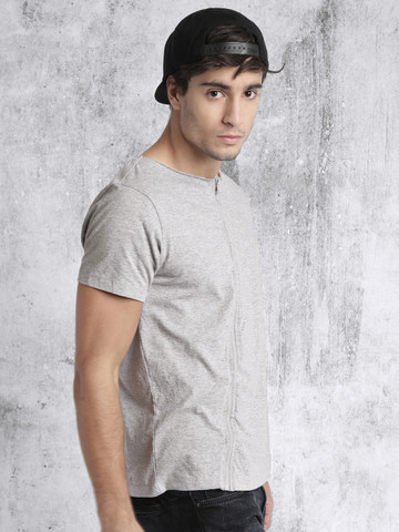 RDSTR Men Grey Melange Solid Round Neck Zip-Up T-shirt