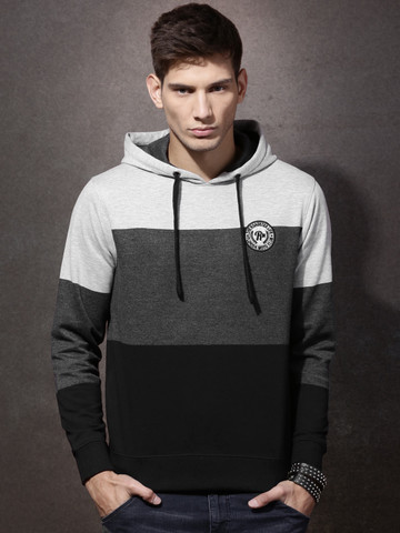 Buy Roadster Grey Melange Black Colourblocked Hooded Sweatshirt