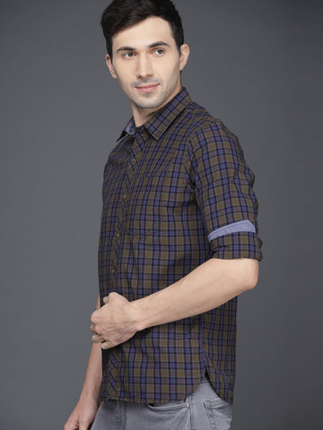 WROGN Men Olive Green & Navy Blue Slim Fit Checked Casual Shirt