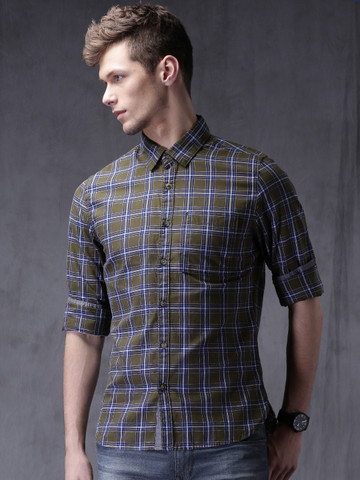 WROGN Olive Green & Blue Checked Slim Fit Casual Shirt