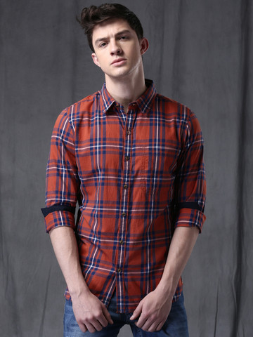 WROGN Men Rust Orange Checked Slim Casual Shirt