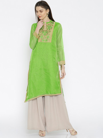 Anouk Women Green Embroidered Straight Asymmetric Kurta