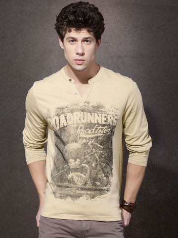Buy Roadster Men Khaki Printed Henley Neck T-shirt on Myntra