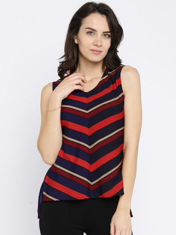 Moda Rapido Women Navy & Red Striped Regular Top