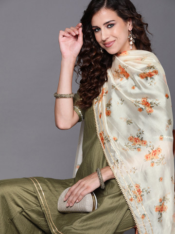 Inddus Women Olive Green & Off-White Gotta Patti Kurta with Sharara & Dupatta