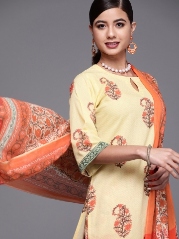 64 OFF on Libas Women Yellow Pure Cotton Floral Printed Kurta