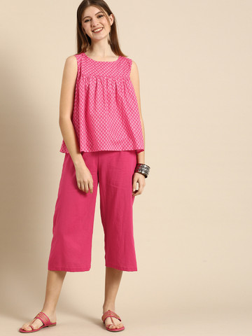 70% OFF on Anouk Women Pink & White Printed Pleated Pure Cotton Top with Culottes 70% OFF on Anouk Women Pink & White Printed Pleated Pure Cotton Top with Culottes