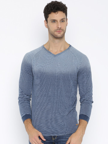 SPYKAR Men Blue Striped V-Neck T-shirt 