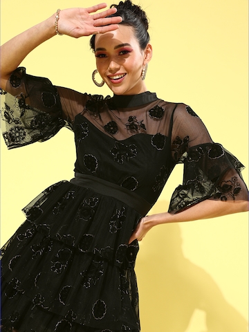 KASSUALLY Women Stylish Black Floral Tulle Dress