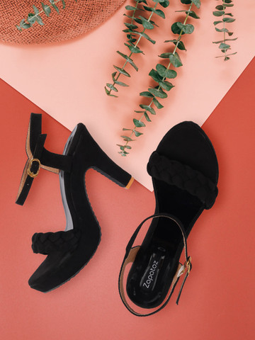 ZAPATOZ Women Black Woven Design Suede Stiletto Pumps ZAPATOZ Women Black Woven Design Suede Stiletto Pumps