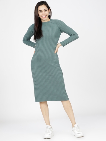 Tokyo Talkies Women Green Ribbed Longline Pullover Sweater