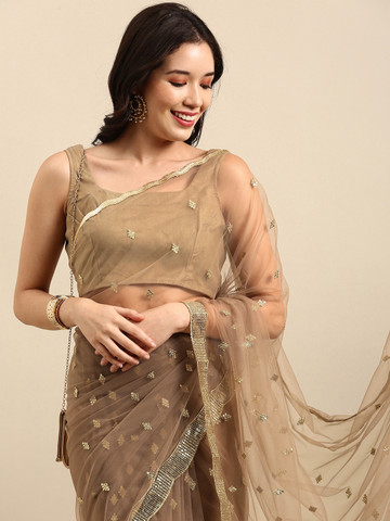 65% OFF on Sangria Taupe Ethnic Motifs Sequinned Net Saree