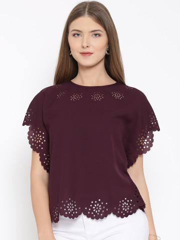 RARE Women Burgundy Cut-Out Detail Georgette Kaftan Top