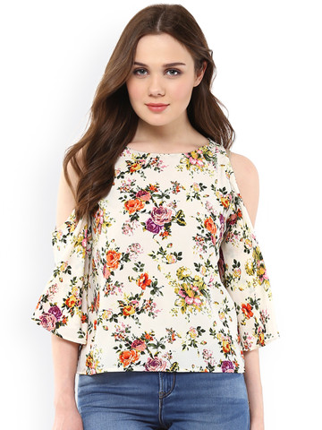 Harpa Women White Floral Printed Regular Cold Shoulder Top