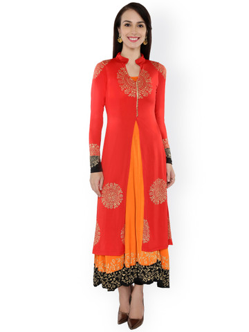 Ira Soleil Red & Orange Printed Layered Kurta