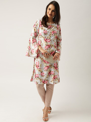 All About You Women Blue Pink Floral Printed Straight Kurta
