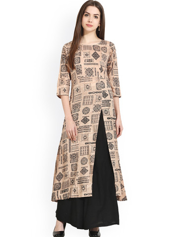 Nayo Women Beige & Black Printed A-Line Kurta