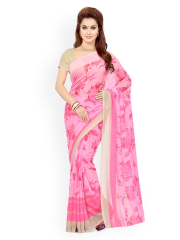 52 OFF on Ishin Pink Poly Georgette Floral Print Saree on Myntra