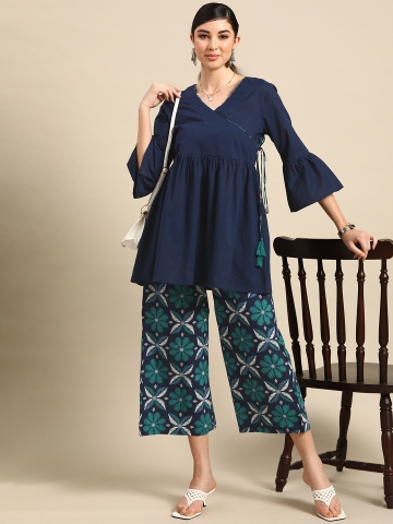 70 OFF on Anouk Women Navy Blue White Floral Pleated Pure